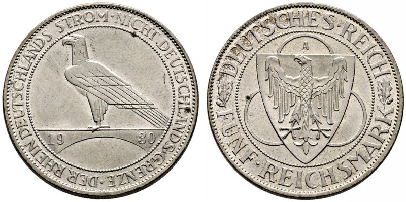 Weimarer Republik. 5 Reichsmark 1930 A. Rheinlandräumung. J. 346. prägefrisch