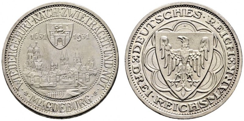 Weimarer Republik. 3 Reichsmark 1931 A. Magdeburg. J. 347. winzige Randfehler, v...