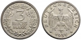Weimarer Republik. 3 Reichsmark 1931 A. Kursmünze. J. 349. sehr schön-vorzüglich