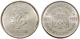 Weimarer Republik. 3 Reichsmark 1932 F. Goethe. J. 350. vorzüglich-prägefrisch