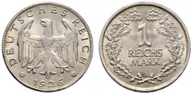 Weimarer Republik. Lot (2 Stücke): 1 Mark 1924 F sowie 1 Reichsmark 1926 A (J. 311, 319). fast Stempelglanz, vorzüglich-Stempelglanz