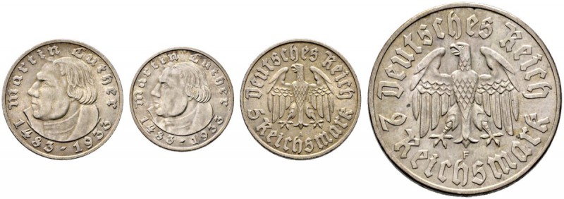 Drittes Reich. Lot (2 Stücke): 2 Reichsmark 1933 F sowie 5 Reichsmark 1933 A. Lu...