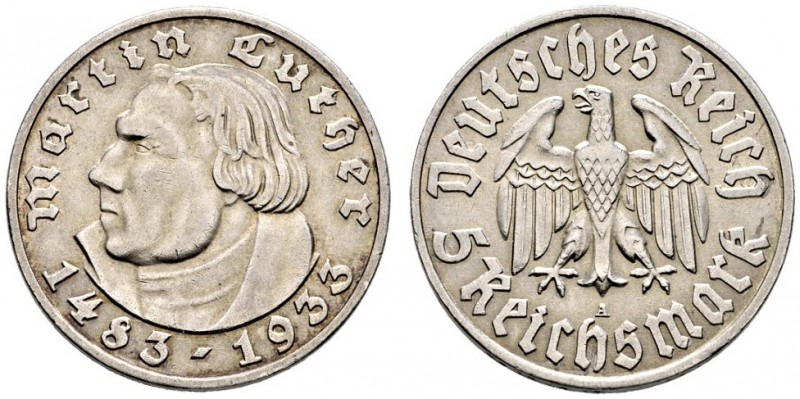 Drittes Reich. 5 Reichsmark 1933 A. Luther. J. 353. sehr schön-vorzüglich