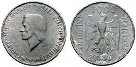 Münzproben des Deutschen Reiches. WEIMARER REPUBLIK. 1.000 Reichsmark 1923 F. Aluminium. Stempel von Ludwig Habich. Kopf Schillers nach links / Reichs...