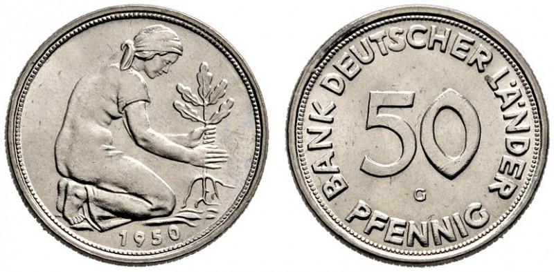 Bank Deutscher Länder. 50 Pfennig 1950 G. J. 379. prägefrisch