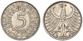 Bundesrepublik Deutschland. 5 Deutsche Mark 1958 J. Kursmünze. J. 387. minimaler Randfehler, sehr schön