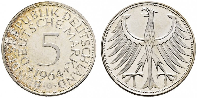 Bundesrepublik Deutschland. 5 Deutsche Mark 1964 G. Kursmünze. J. 387. Polierte ...