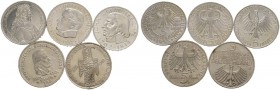 Bundesrepublik Deutschland. Lot (5 Stücke): 5 DM 1951-1964 "Die ersten Fünf". Germanisches Museum bis Fichte. J. 388-391,393. vorzüglich-prägefrisch...