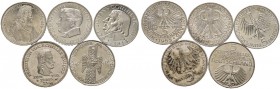 Bundesrepublik Deutschland. Lot (5 Stücke): 5 DM 1951-1964 "Die ersten Fünf". Germanisches Museum bis Fichte. Ein zweites Set. J. 388-391,393. vorzügl...