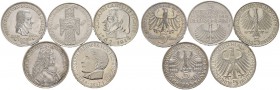 Bundesrepublik Deutschland. Lot (5 Stücke): 5 DM 1951-1964 "Die ersten Fünf". Germanisches Museum bis Fichte. Ein drittes Set. J. 388-391,393. vorzügl...