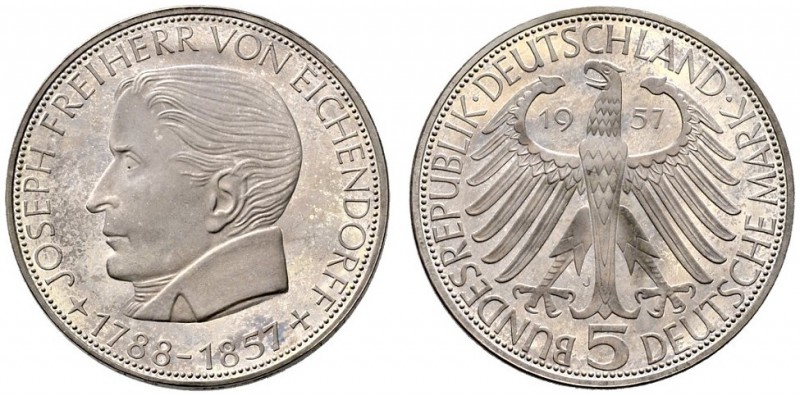 Bundesrepublik Deutschland. 5 Deutsche Mark 1957 J. Freiherr von Eichendorff. J....