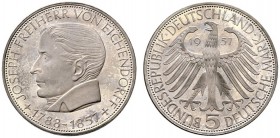 Bundesrepublik Deutschland. 5 Deutsche Mark 1957 J. Freiherr von Eichendorff. J. 391. selten in dieser Erhaltung, Kabinettstück mit feiner Tönung, Pol...