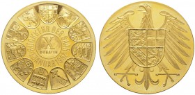 Bundesrepublik Deutschland. Aureus Magnus zu 10 Dukaten 1957 auf die Rückkehr des Saarlandes. Wappenkranz der Bundesländer / Bundesadler mit den Wappe...