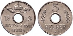 Nebengebiete. Deutsch-Ostafrika. 5 Heller 1913 A. J. 718. In Plastikholder der PCGS (slapped) mit der Bewertung MS 64 Prachtexemplar, Stempelglanz