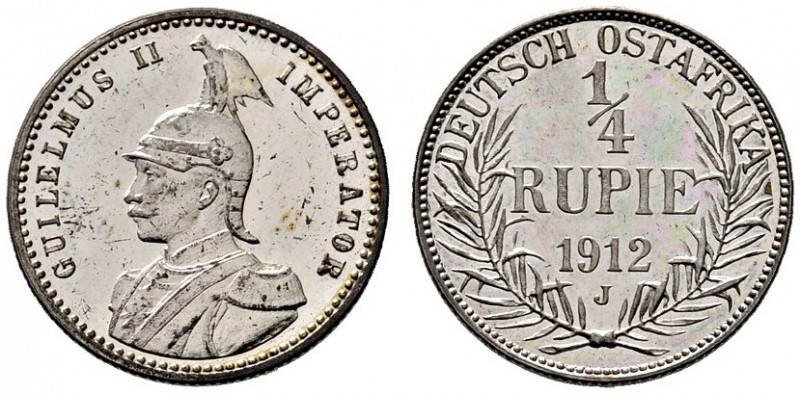Nebengebiete. Deutsch-Ostafrika. 1/4 Rupie 1912 J. J. 720. Prachtexemplar, Polie...
