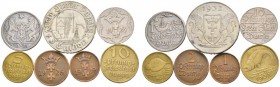 Nebengebiete. Danzig. Lot (7 Stücke): 5 Gulden "Krantor" 1932 (R, kleine Feilspur am Rand), Gulden 1923, 10 Pfennig 1923 und 1932, 5 Pfennig 1932, 2 P...