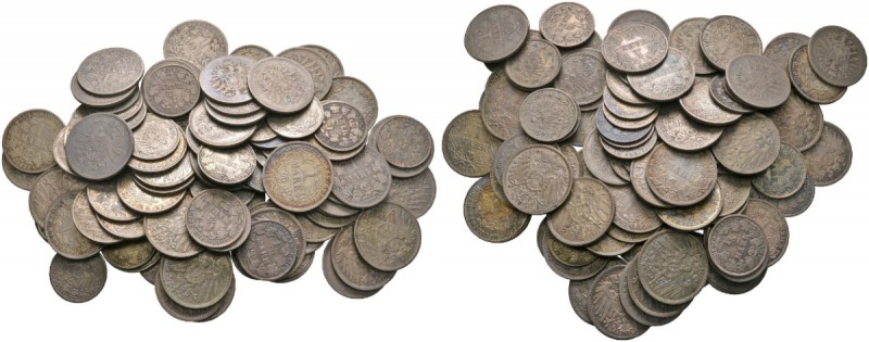 Lots. 95 Stücke: Silbermünzen zu 1/2 Mark (32x) sowie 1 Mark kleiner Adler (24x)...