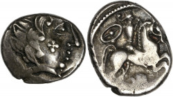 Pictons - Ar - Drachme au cavalier et à la main , joue tatouée (IIe - Ier siècle avant J.-C) 
A/ /
R/ /
Très bel exemplaire 
3.44g - 16.92mm - 10h....