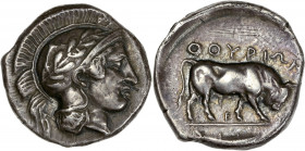 Lucania, Thurium Ar Nomos - (443-400 BC)
A/ 
R/ΘOYPIΩN // E
Nice very fine - ex Feuardant June 1913 N° 39
7.83g - 21.82mm - 7h.