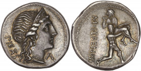 M. Herennius (108-107 BC) - Ar Denarius - Rome
A/ PIETAS
R/ M HERENNI
Extremely fine - Golden toning 
3,77g - 18mm - 2h.