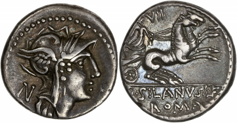 D. Silanus L .f (91 BC) - Ar Denarius - Rome 
A/
R/ D SILANVS L F // ROMA
Very f...