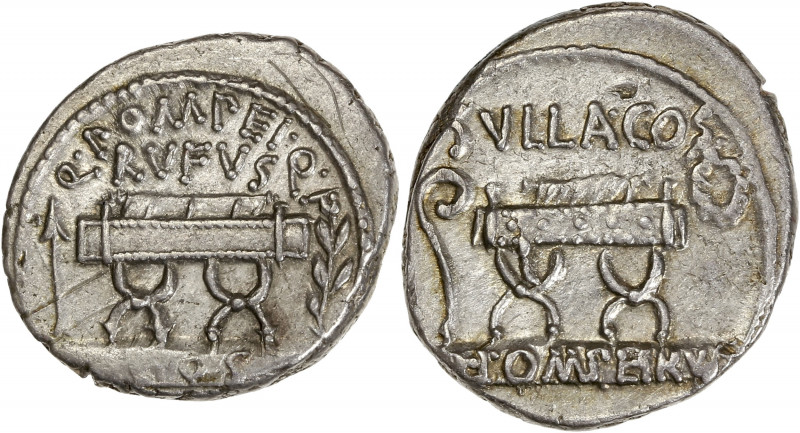 Q. Pompeius Q.n. Rufus (54BC) Ar Denarius - Rome
A/ Q POMPEI Q F RVFVS / COS
R/ ...