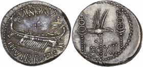Marc Antony (32-31BC) Ar - Denarius - Military Mint
A/ ANT AVG III VIR R P C
R/ LEG XII
Extremely fine - bankers' marks, iridescent toning 
3.48g - 17...