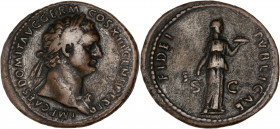 Domitian (69-96AD) Ae - As - Rome
A/ IMP CAES DOMIT AVG GERM COS XIII CENS PER P P
R/ FIDEI PVBLICAE // S-C
Very Fine 
9.97g - 30.25mm - 6h.