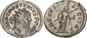 Postumus (260-269AD) Bi Antoninianus - Trier 
A/ IMP C POSTVMVS P F AVG
R/ SAECVLI FELICITAS
Good very fine 
3.15g - 22.03mm - 7H