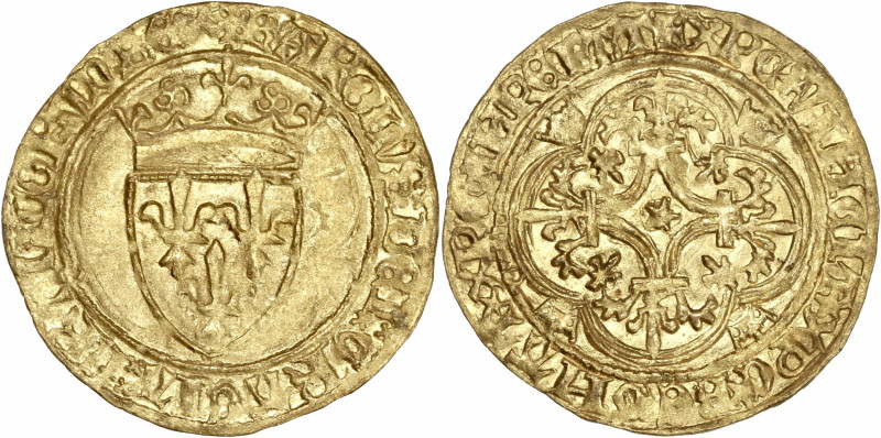 Charles VI le Fou (1380-1422) AV - Ecu d'or à la couronne
ND - Saint-Lo
A/ KAR...