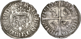 Charles VII le Victorieux (1422-1461) - Ar - blanc aux lis accotés 
ND - Poitiers 
A/ KAROLVS FRANCORV REX
R/ SIT NOME DNI BENEDICT
Référence: 
2,64g ...