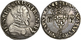 Henri II (1547-1559) - Ar - Demi-teston à la tête nue 
1554 G - Poitiers 
A/ HENRICVS II D G FRAN REX
R/ XPS VINCIT XPS REGNAT XPS IM 1554
4,75g - 24,...