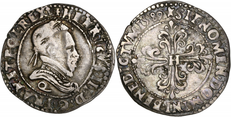 Henri III (1574-1589) - Ar - Demi-franc au col plat
1589 Q - Narbonne 
A/ HENRIC...