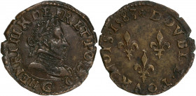 Henri III (1574-1589) - Cuivre - Double tournois
1583 G - Poitiers
A/ HENRI III R DE FRA ET POL G
R/ DOVBLE TOVRNOIS 1583
2,97g - 21,36mm - TTB