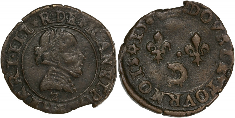 Henri III (1574-1589) - Cuivre - Double tournois du dauphine 
1585 Z - Grenoble
...