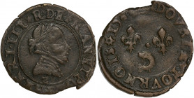 Henri III (1574-1589) - Cuivre - Double tournois du dauphine 
1585 Z - Grenoble
A/ HENRI III R DE FRAN ET POL Z
R/ DOVBLE TOVRNOIS 1585
2,8g - 21,41mm...