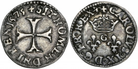 Henri III (1574-1589) - Ar - Essai du Denier tournois 
1575 G - Poitiers
A/ CAROLVS IX D G FR REX 
R/ SIT NOMEN DNI BEN 1575 
1,11g - 15,52mm - TTB - ...