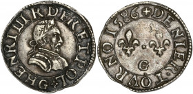 Henri III (1574-1589) - Ar - Essai du Denier tournois 
1586 G - Poitiers
A/ HENRI III R D FR ET POL G
R/ DENIER TOVRNOI 1586 
1,42g - 16,75mm - TTB - ...