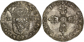 Louis XIV (1643-1715) - Ar - Quart d'écu 
1645 G - Poitiers 
A/ LVDOVIC XIIII D G FRAN ET NAV REX G
R/ SIT NOMEN DOMINI BENEDICT 1645
9,70g - 29,14mm ...