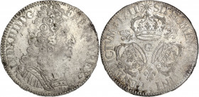 Louis XIV (1643-1715) - Ar - Ecu aux 3 couronnes
1711 G - Poitiers
A/ LVD XIIII D G FR ET NAV REX
R/ SIT NOMEN DOMINI BENEDICTVM 1711
30,56g - 40,86mm...