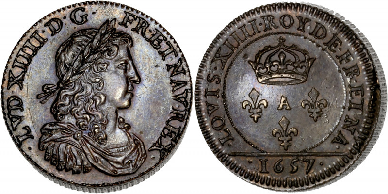 Louis XIV (1643-1715) - Cuivre - Piefort Liard de 3 deniers 
1657 
A/ LVD XIIII ...