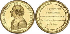 Constitution (1791-1792) - Bronze doré - Monneron à léfigie de J.J Rousseau 
1791 
A/ J JACQUES ROUSSEAU NE A GENEVE EN 1712 
R/ CONTRAT SOCIAL LIV 3 ...