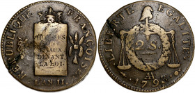 Convention (1792-1795) - Metal de cloche - 2 sols aux balances 
1793 AA - Metz 
A/ REPUBLIQUE FRANCOISE L'AN II 
R/ LIBERTE EGALITE 1793 AA
23g - 33,8...