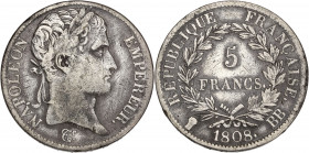 Premier Empire (1804 - 1814) 5 Francs, Napoléon Empereur
1808 BB (Strasbourg) - Argent
A/ NAPOLEON EMPEREUR
R/ REPUBLIQUE FRANCAISE 1808 BB 
24,59gr -...