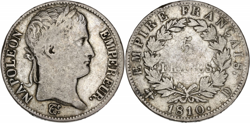 Premier Empire (1804 - 1814) 5 Francs, Napoléon Empereur
1810 D (Lyon) - Argent
...