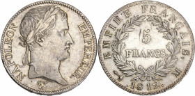 Premier Empire (1804 - 1814) 5 Francs, Napoléon Empereur
1812 M (Toulouse) - Argent
A/ NAPOLEON EMPEREUR
R/ EMPIRE FRANCAISE 1812 M
24,95gr - 37,23mm ...