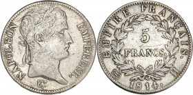 Premier Empire (1804 - 1814) 5 Francs, Napoléon Empereur
1814 H (La Rochelle) - Argent
A/ NAPOLEON EMPEREUR
R/ EMPIRE FRANCAISE 1814 H
24,83gr - 37,34...