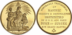 Massonic medal - Ar gilt - 
1830 - SUSSEX 
A/ /
R/ HONORABLE TESTIMONIAL OF MASONIC CHARITY and BENEVOLENCE INSTITUTED BY H R H AUG FRED DUKE OF SUSSE...