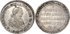 Guatemala - silver - module 2 reales - proclamation at Quesaltenango
1808
A/ FERNANDO VII ANO 1 DE SUREINA 1808 
R/ QUESALTENANGO PROCLAMAC AUGUSTA 2R...