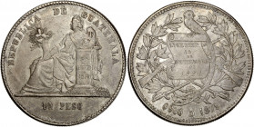 Guatemala - silver - 1 peso
1879 - D
A/ REPUBLICA DE GUATEMALA UN PESO 
R/ 0900 D 1879
24.95g - 37.30mm - Extremely fine - Rare